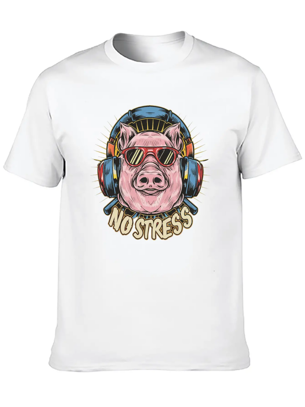 Funny Pig With Headphones Funny Saying NO STRESS Unisex Short Sleeve Soft Cotton T-Shirt – Casual Everyday Wear