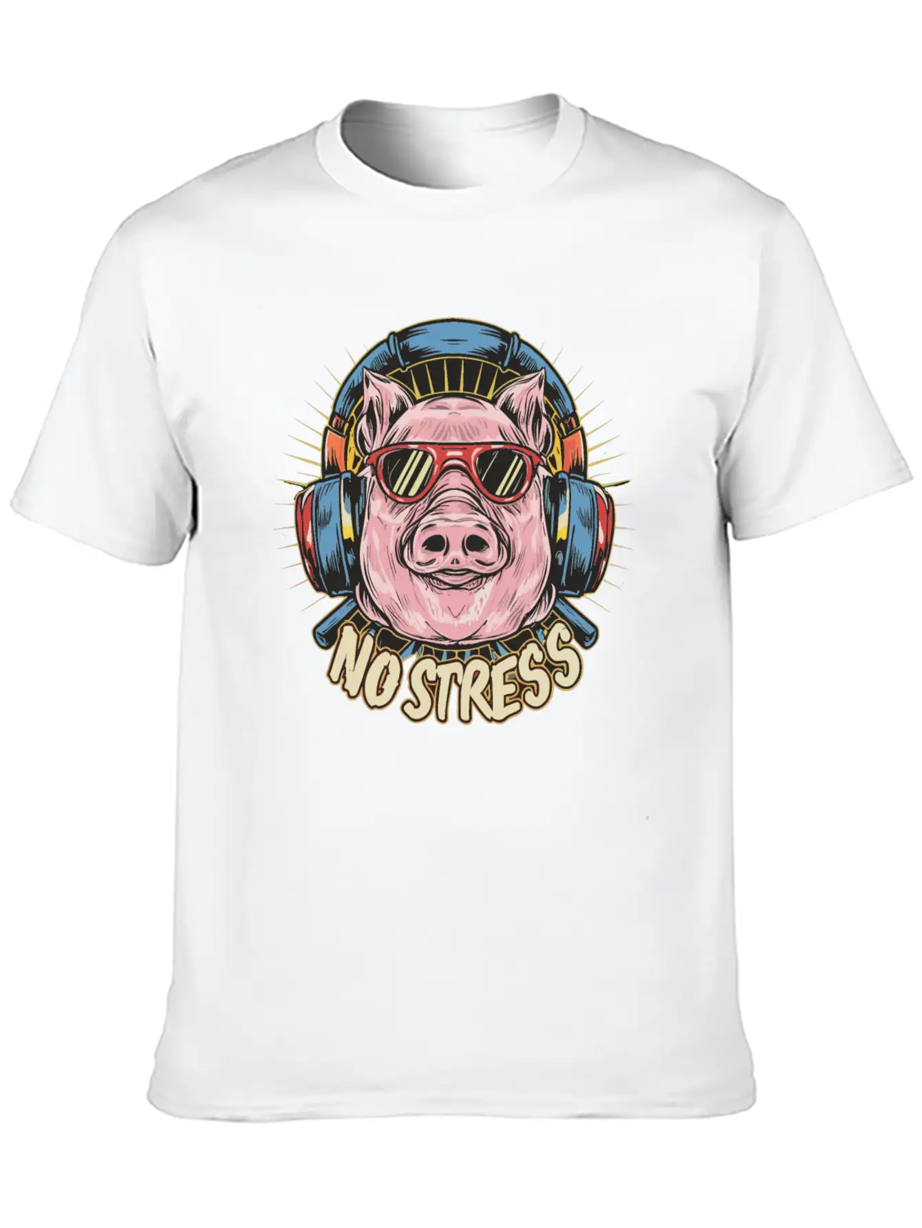 Funny Pig With Headphones Funny Saying NO STRESS Unisex Short Sleeve Soft Cotton T-Shirt – Casual Everyday Wear