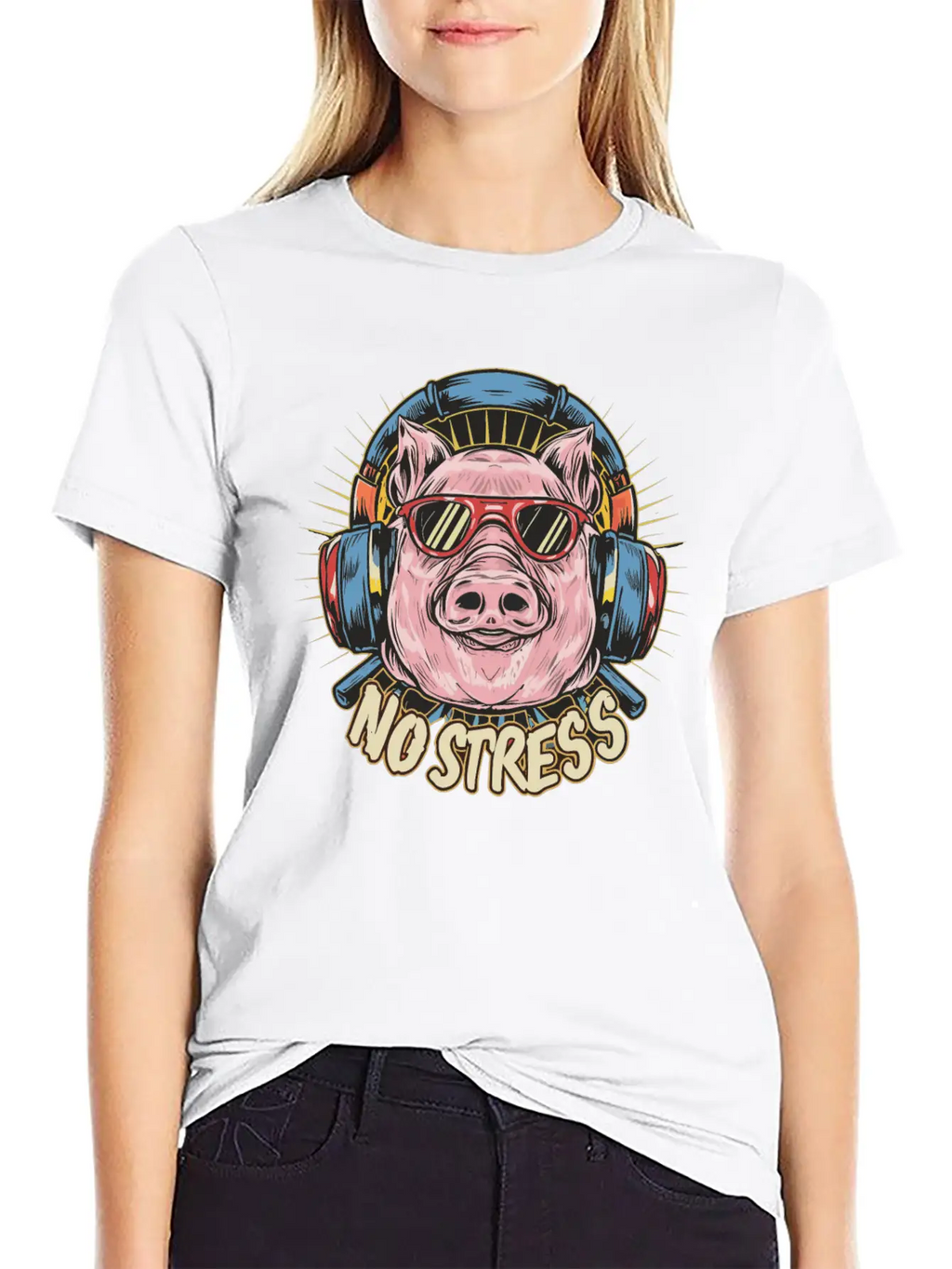 Funny Pig With Headphones Funny Saying NO STRESS Unisex Short Sleeve Soft Cotton T-Shirt – Casual Everyday Wear