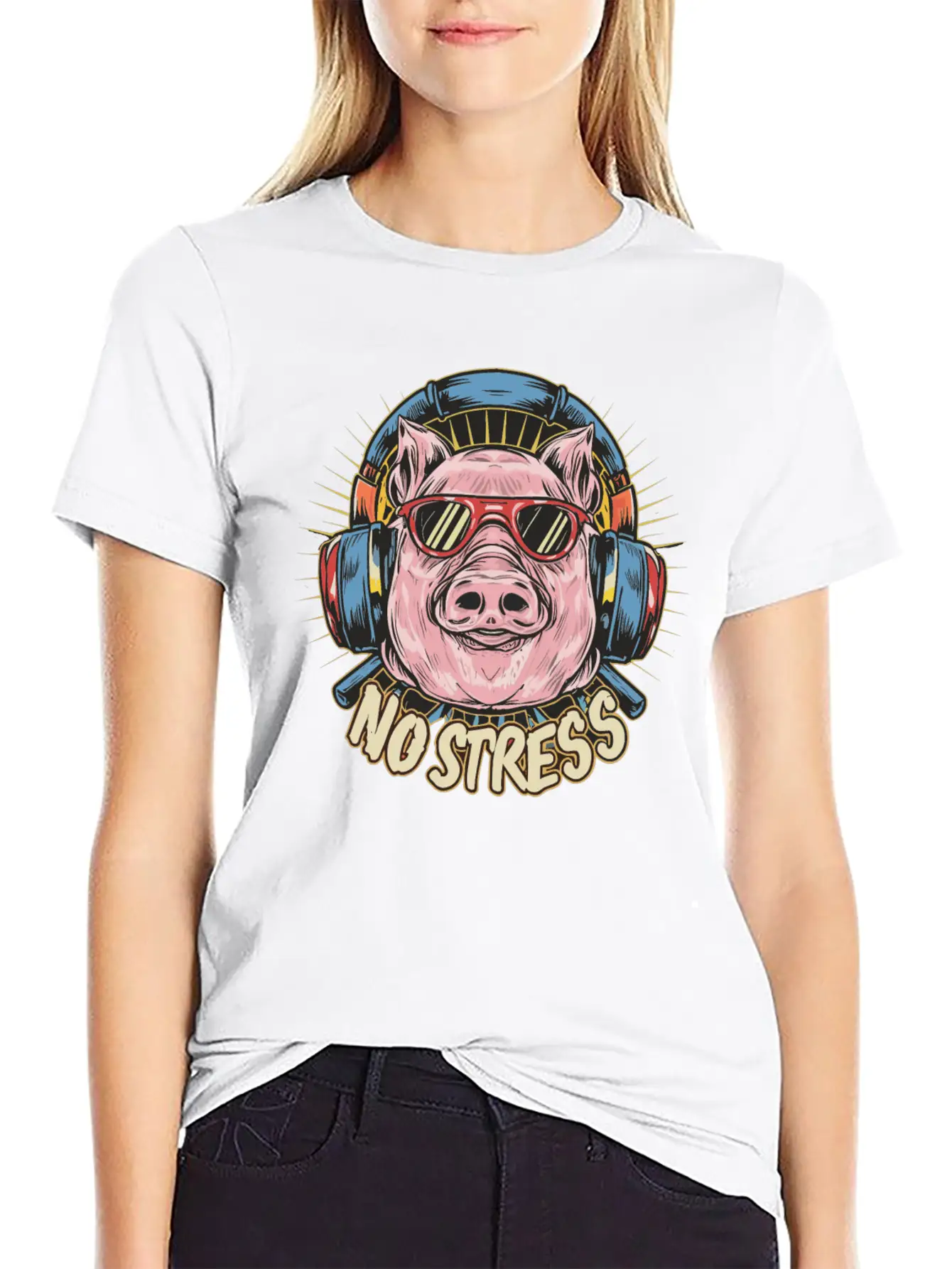 Funny Pig With Headphones Funny Saying NO STRESS Unisex Short Sleeve Soft Cotton T-Shirt – Casual Everyday Wear