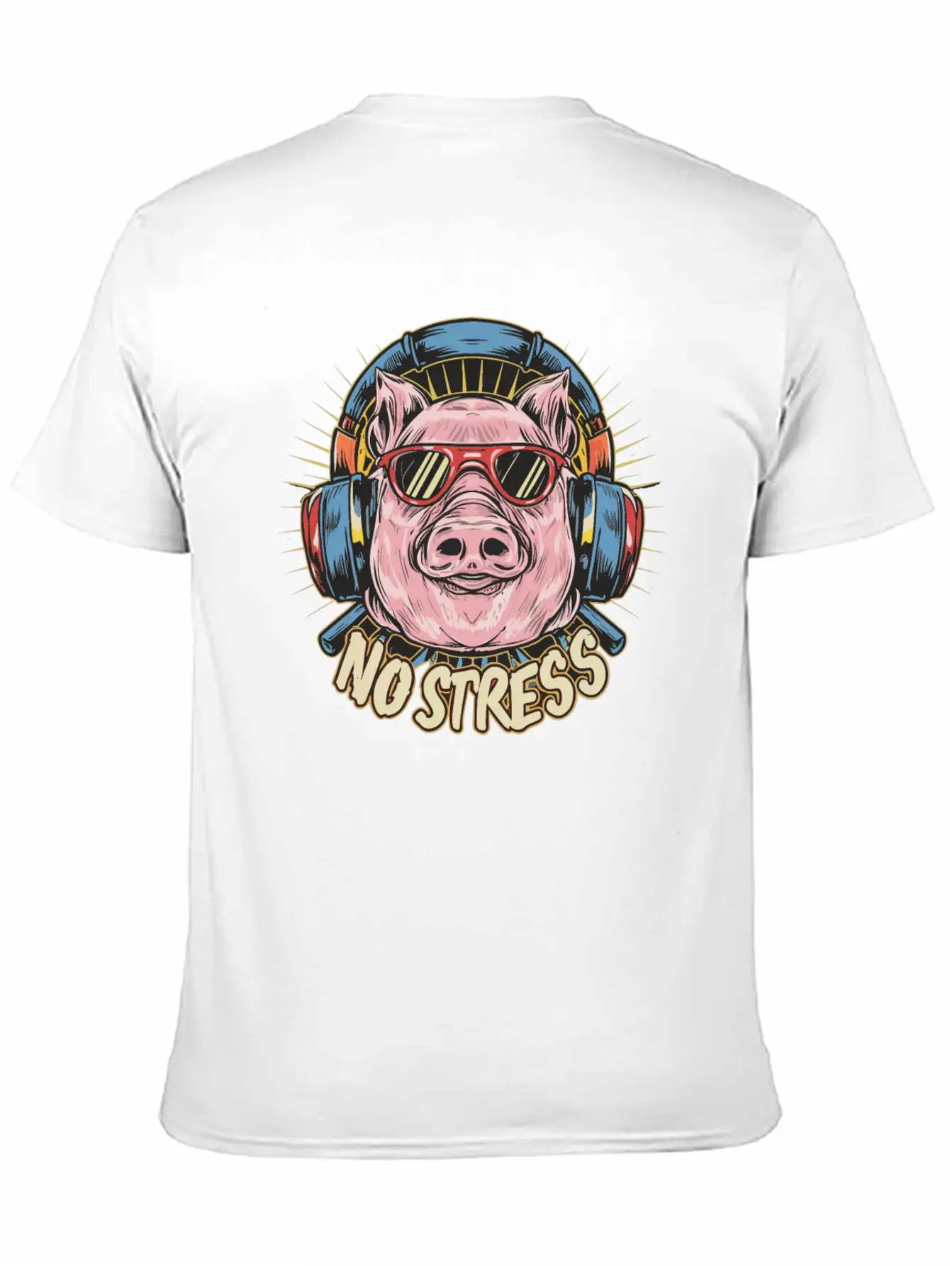 Funny Pig With Headphones Funny Saying NO STRESS Unisex Short Sleeve Soft Cotton T-Shirt – Casual Everyday Wear
