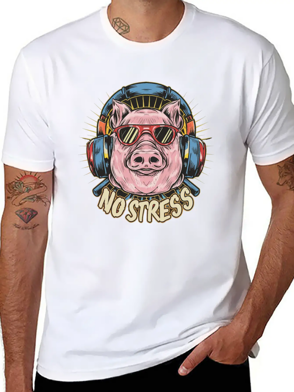 Funny Pig With Headphones Funny Saying NO STRESS Unisex Short Sleeve Soft Cotton T-Shirt – Casual Everyday Wear