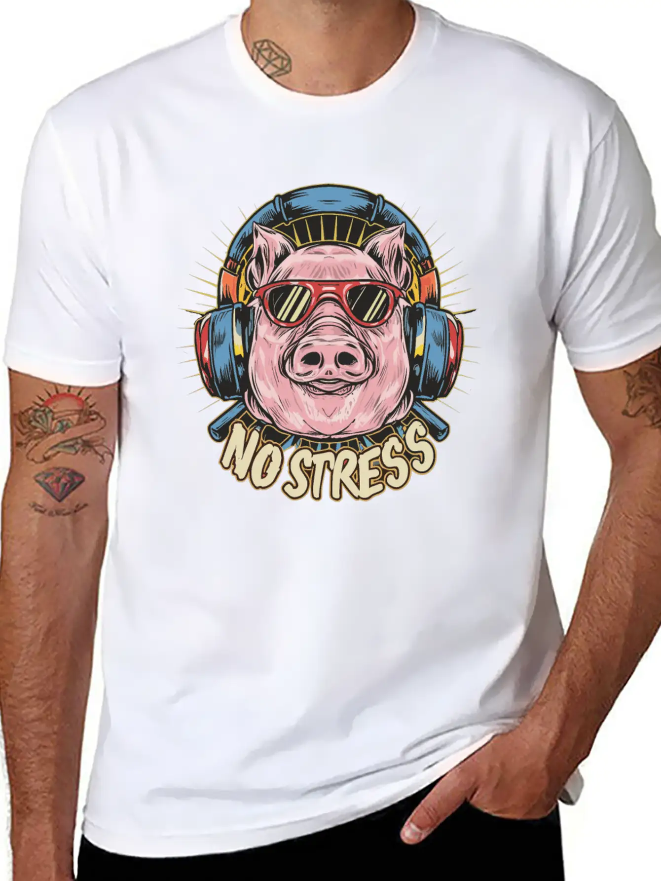 Funny Pig With Headphones Funny Saying NO STRESS Unisex Short Sleeve Soft Cotton T-Shirt – Casual Everyday Wear