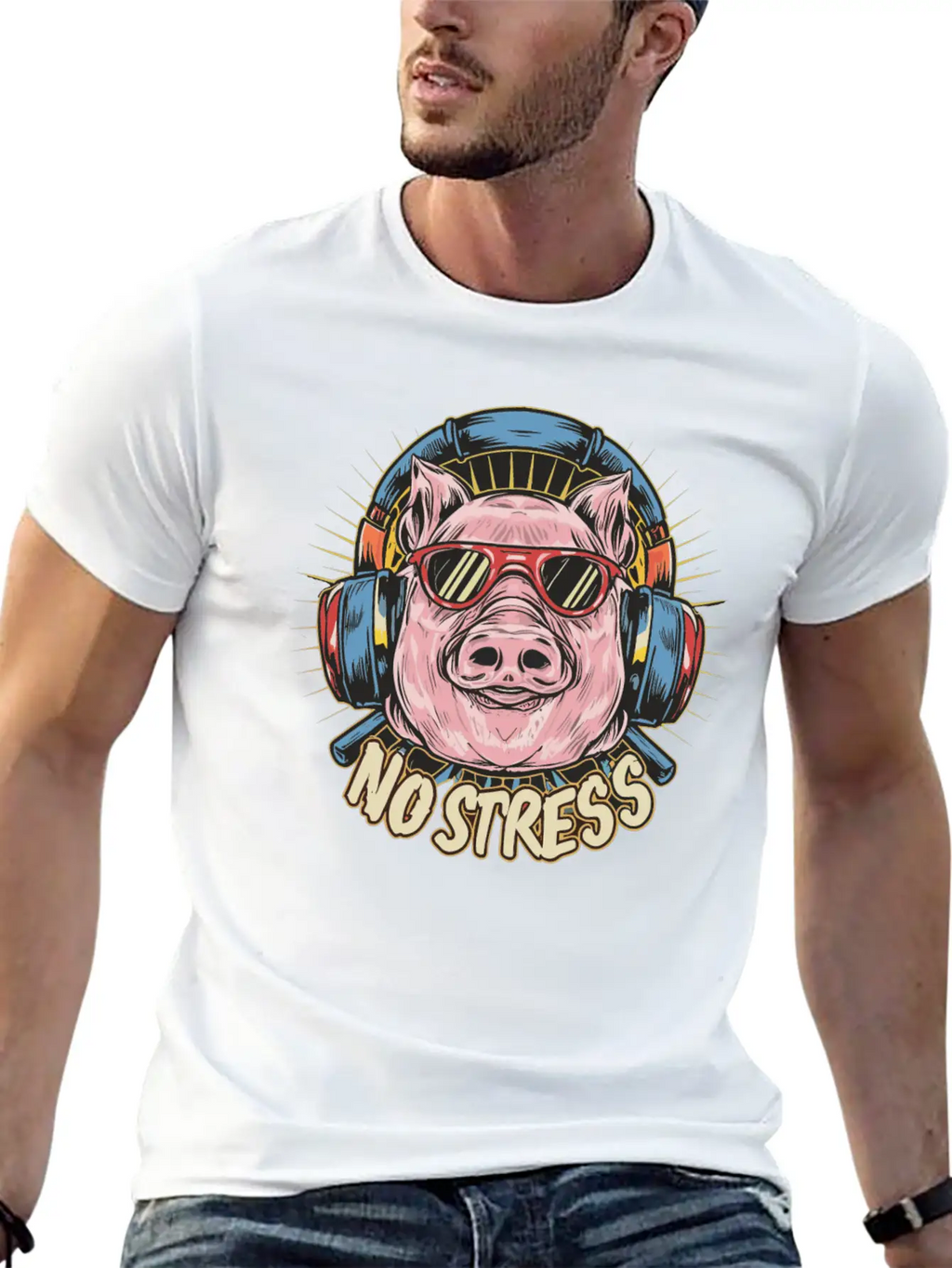 Funny Pig With Headphones Funny Saying NO STRESS Unisex Short Sleeve Soft Cotton T-Shirt – Casual Everyday Wear