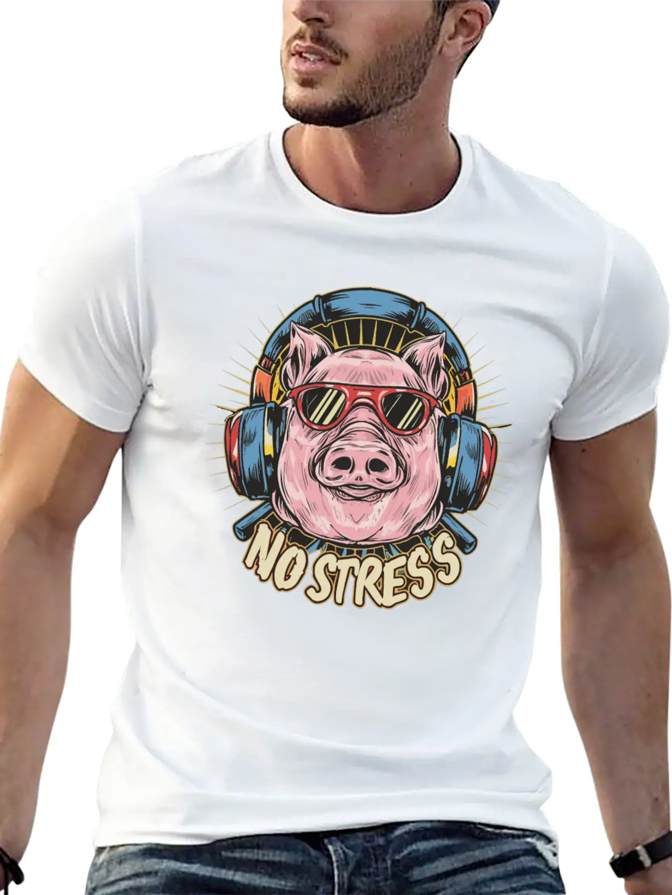 Funny Pig With Headphones Funny Saying NO STRESS Unisex Short Sleeve Soft Cotton T-Shirt – Casual Everyday Wear