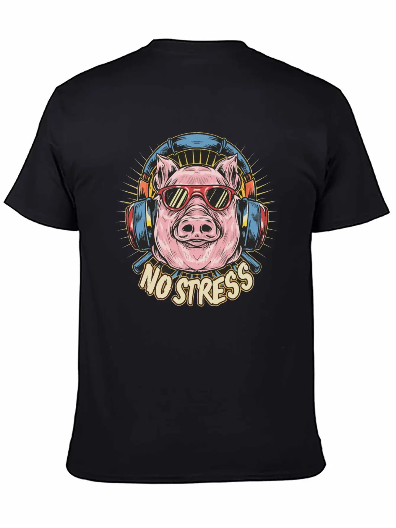 Funny Pig With Headphones Funny Saying NO STRESS Unisex Short Sleeve Soft Cotton T-Shirt – Casual Everyday Wear