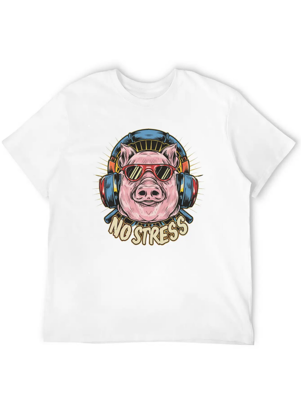 Funny Pig With Headphones Funny Saying NO STRESS Unisex Short Sleeve Soft Cotton T-Shirt – Casual Everyday Wear