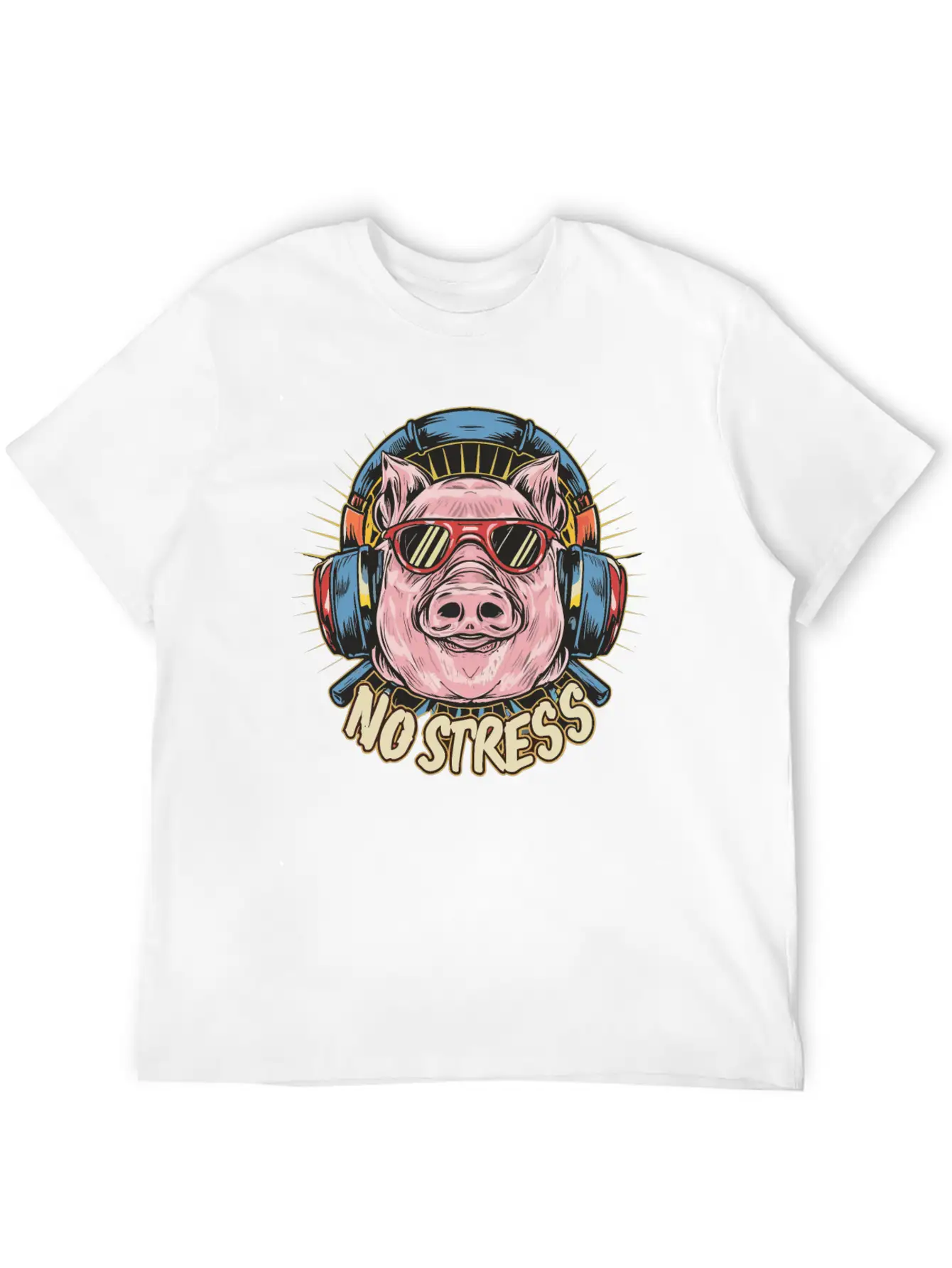 Funny Pig With Headphones Funny Saying NO STRESS Unisex Short Sleeve Soft Cotton T-Shirt – Casual Everyday Wear