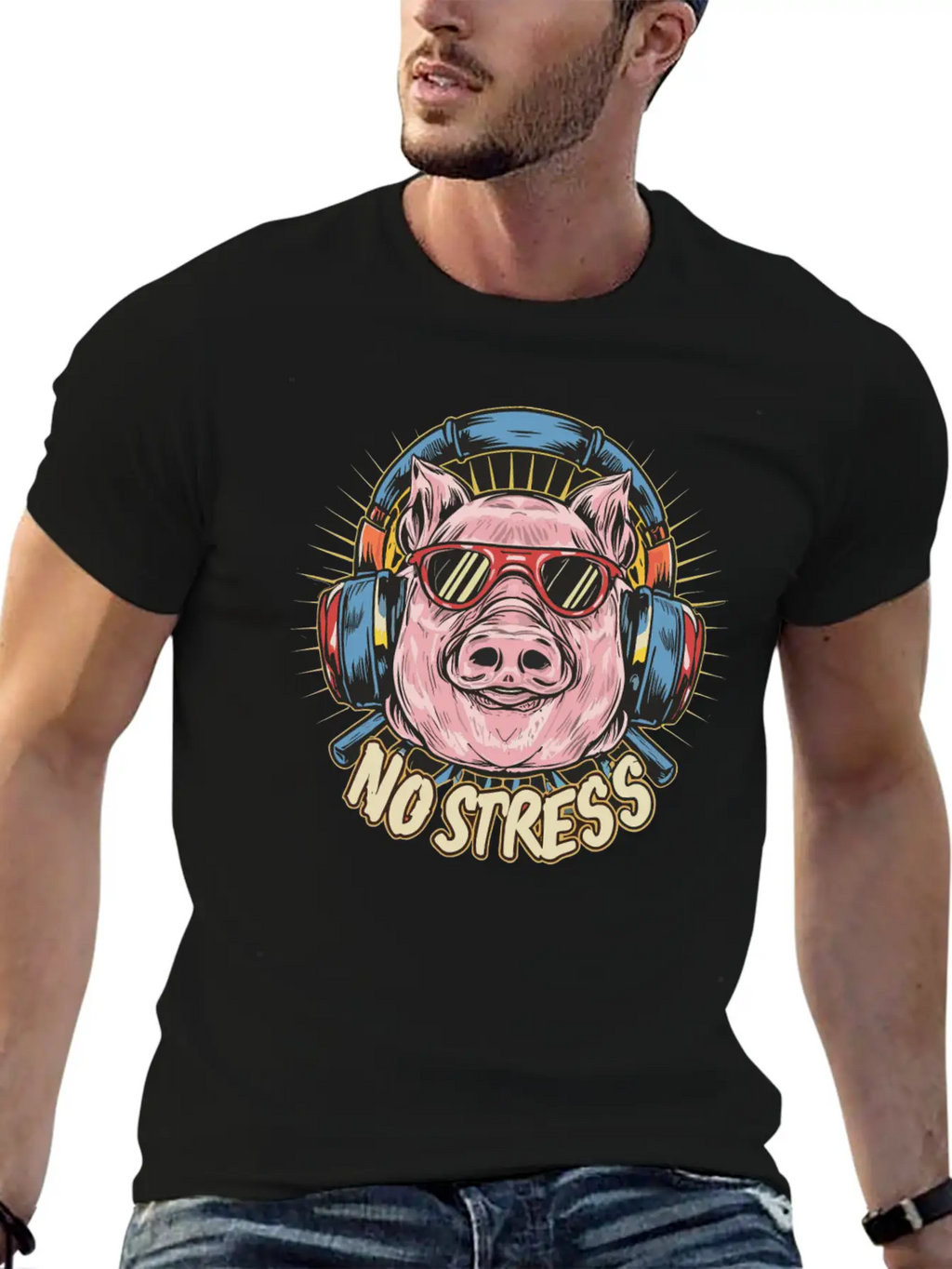 Funny Pig With Headphones Funny Saying NO STRESS Unisex Short Sleeve Soft Cotton T-Shirt – Casual Everyday Wear