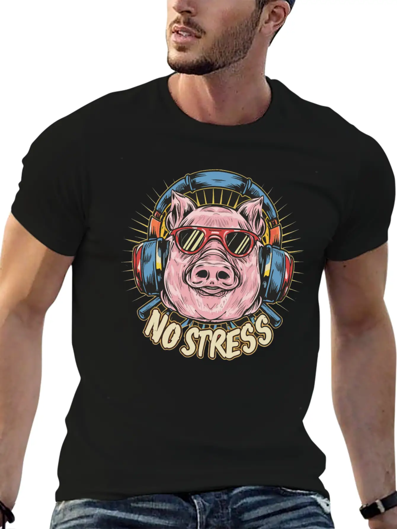 Funny Pig With Headphones Funny Saying NO STRESS Unisex Short Sleeve Soft Cotton T-Shirt – Casual Everyday Wear
