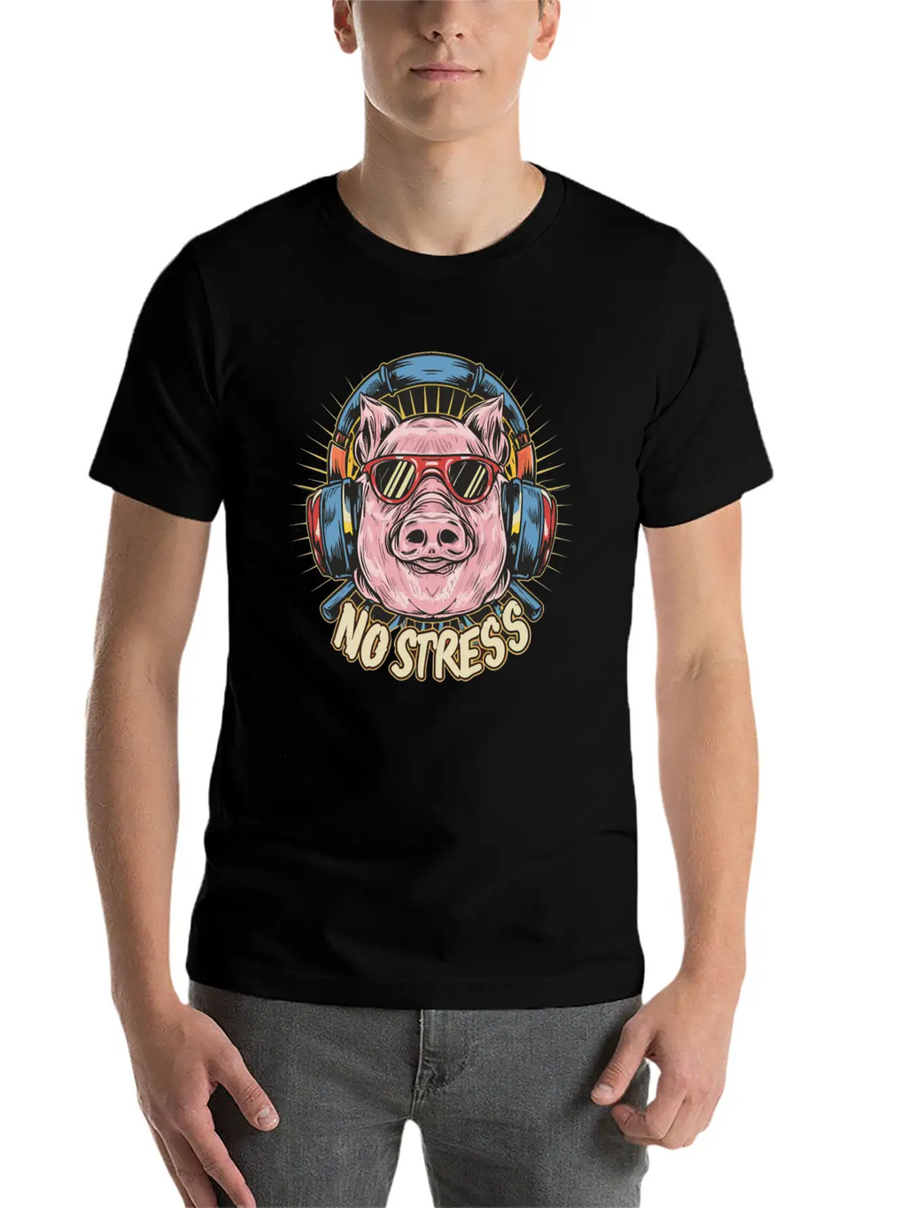 Funny Pig With Headphones Funny Saying NO STRESS Unisex Short Sleeve Soft Cotton T-Shirt – Casual Everyday Wear