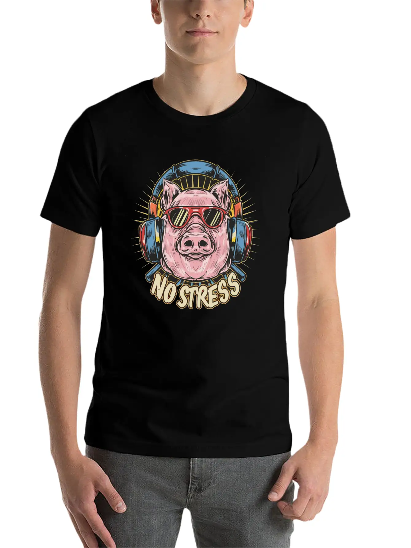 Funny Pig With Headphones Funny Saying NO STRESS Unisex Short Sleeve Soft Cotton T-Shirt – Casual Everyday Wear