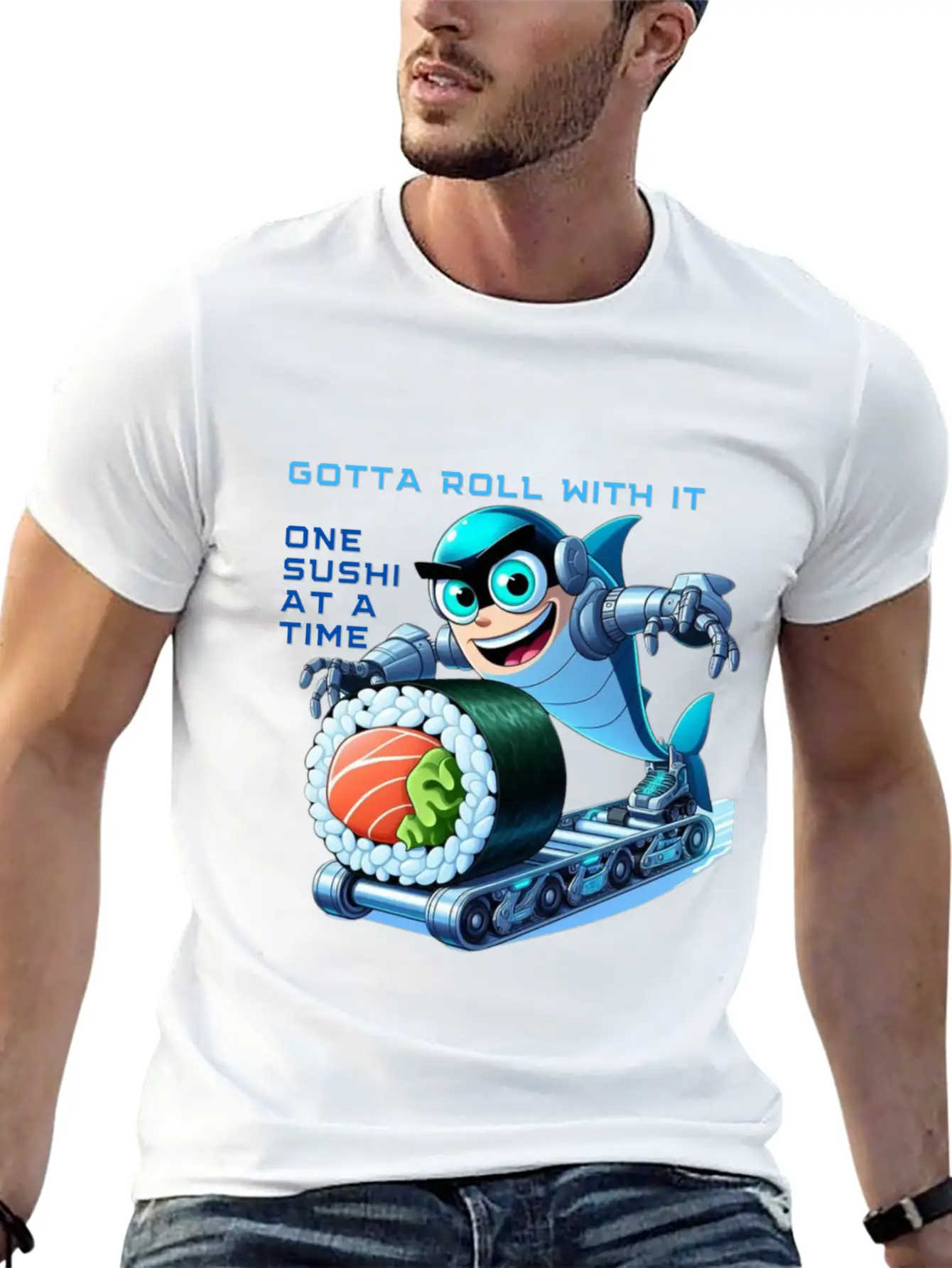 Funny Shark Cyborg Cyberpunk Rolling Sushi Unisex Casual T-Shirt – Clean Design For Daily Comfort