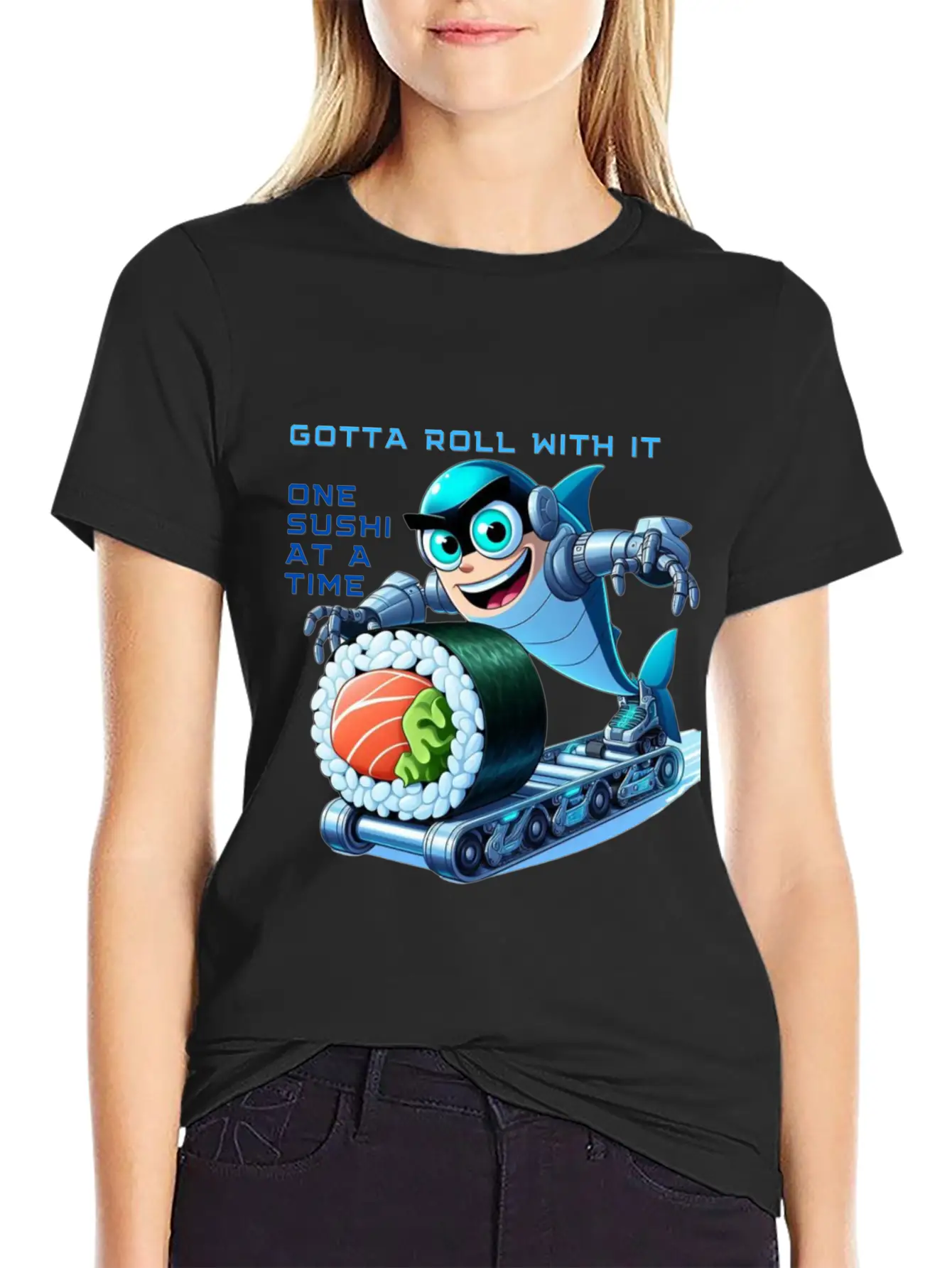 Funny Shark Cyborg Cyberpunk Rolling Sushi Unisex Casual T-Shirt – Clean Design For Daily Comfort