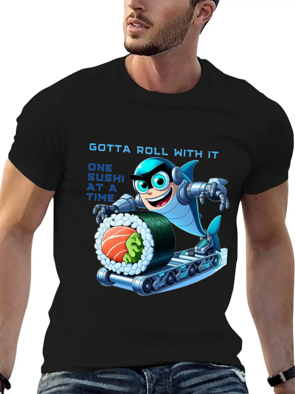 Funny Shark Cyborg Cyberpunk Rolling Sushi Unisex Casual T-Shirt – Clean Design For Daily Comfort