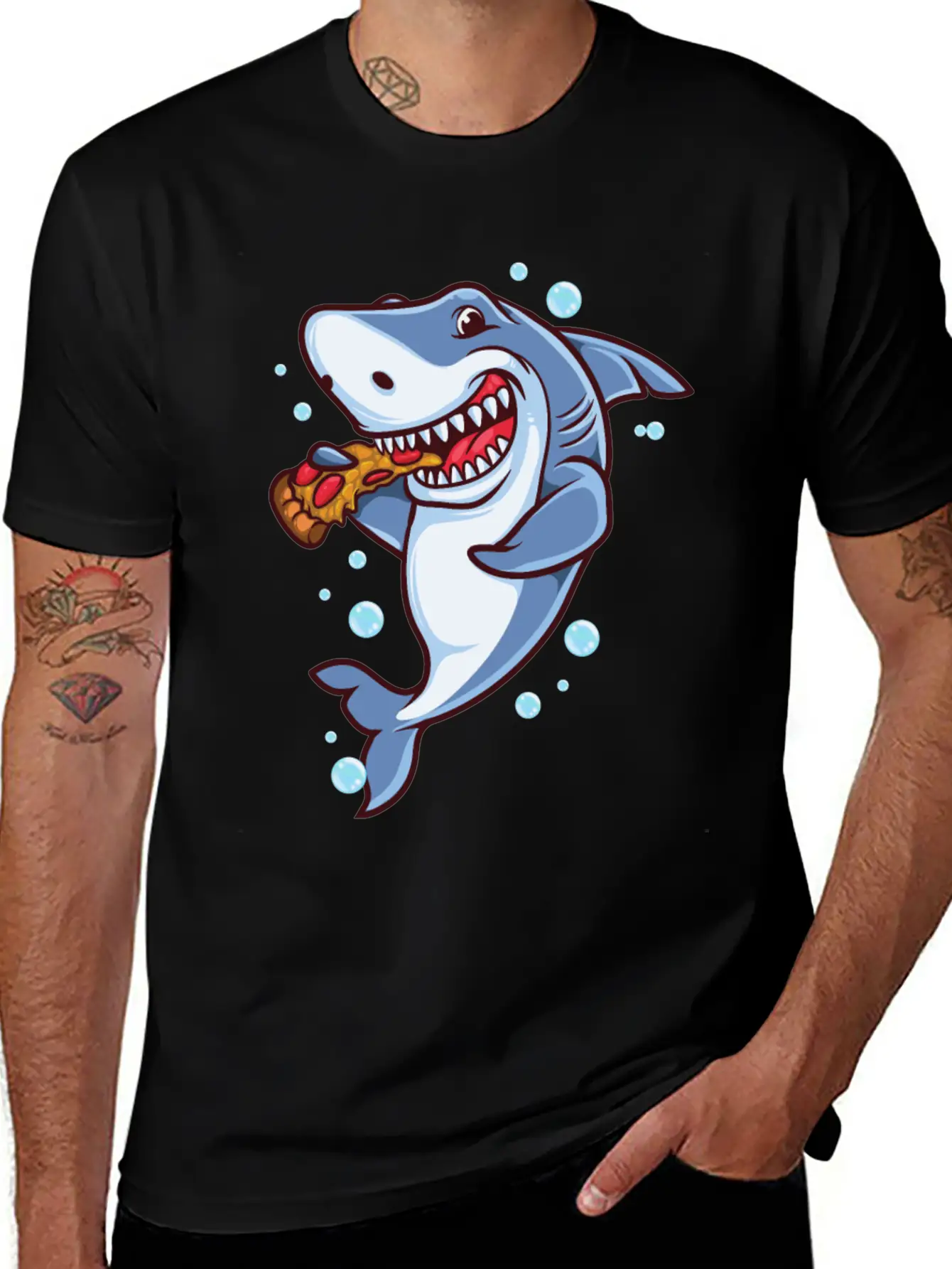 Funny Shark Eating Pizza Essential Cotton Tee For Daily Outfits – Unisex Style