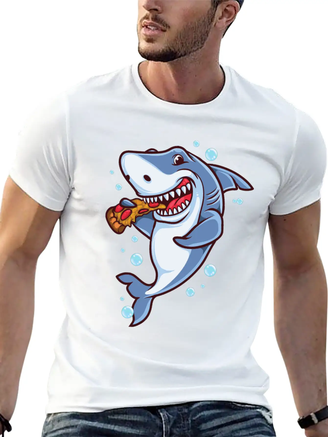 Funny Shark Eating Pizza Essential Cotton Tee For Daily Outfits – Unisex Style