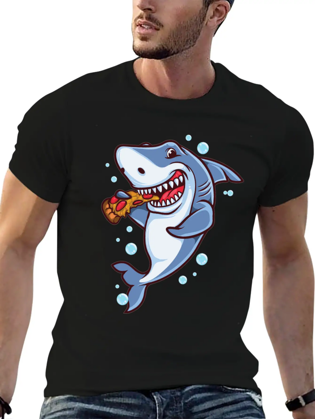 Funny Shark Eating Pizza Essential Cotton Tee For Daily Outfits – Unisex Style