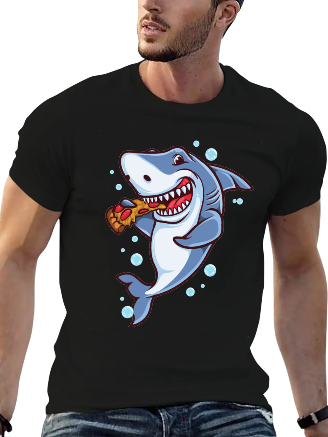 Funny Shark Eating Pizza Essential Cotton Tee For Daily Outfits – Unisex Style