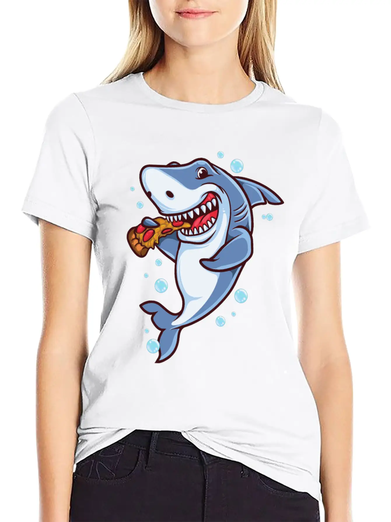 Funny Shark Eating Pizza Essential Cotton Tee For Daily Outfits – Unisex Style