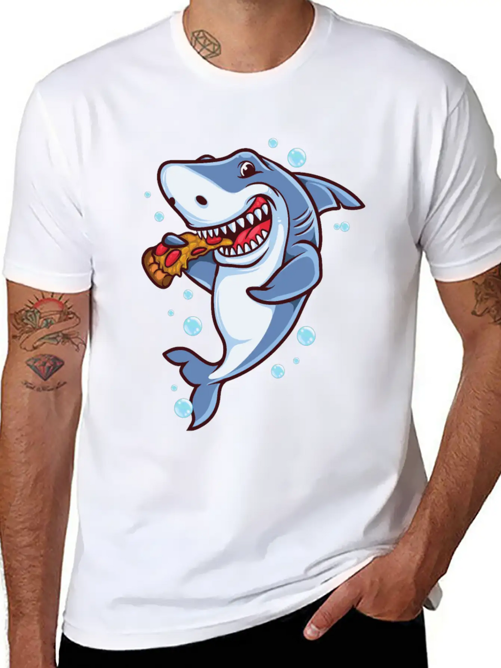 Funny Shark Eating Pizza Essential Cotton Tee For Daily Outfits – Unisex Style