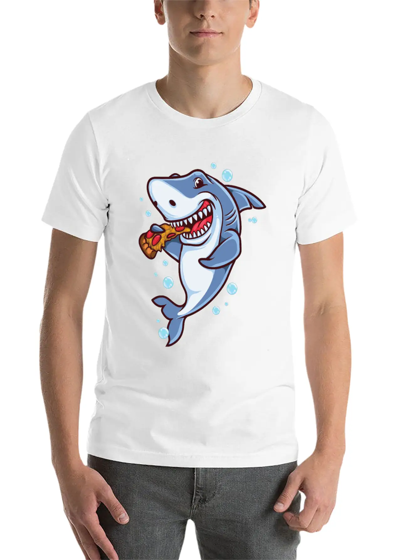 Funny Shark Eating Pizza Essential Cotton Tee For Daily Outfits – Unisex Style