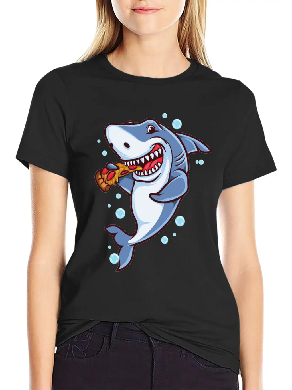 Funny Shark Eating Pizza Essential Cotton Tee For Daily Outfits – Unisex Style