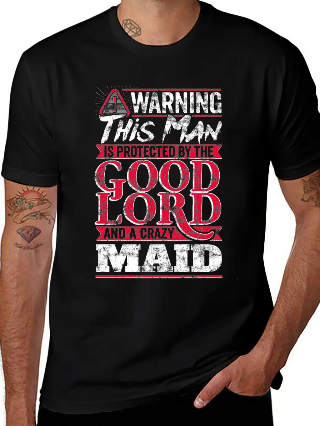 Funny Warning Man Protected By Crazy Maid Casual Graphic T-Shirt – Simple And Comfortable Daily Wear
