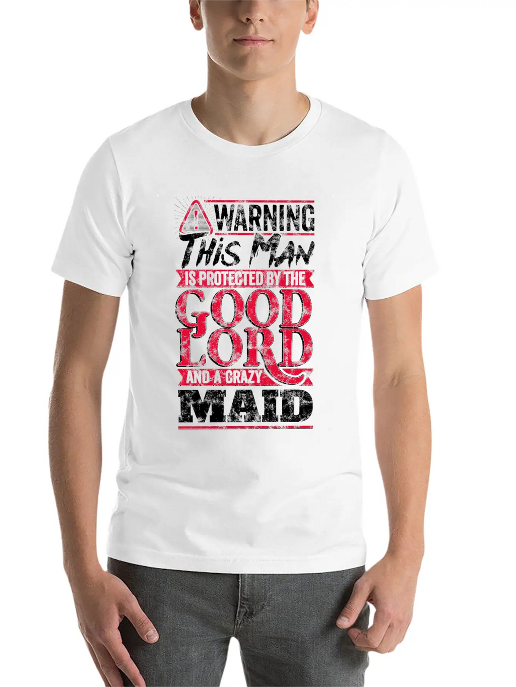 Funny Warning Man Protected By Crazy Maid Casual Graphic T-Shirt – Simple And Comfortable Daily Wear