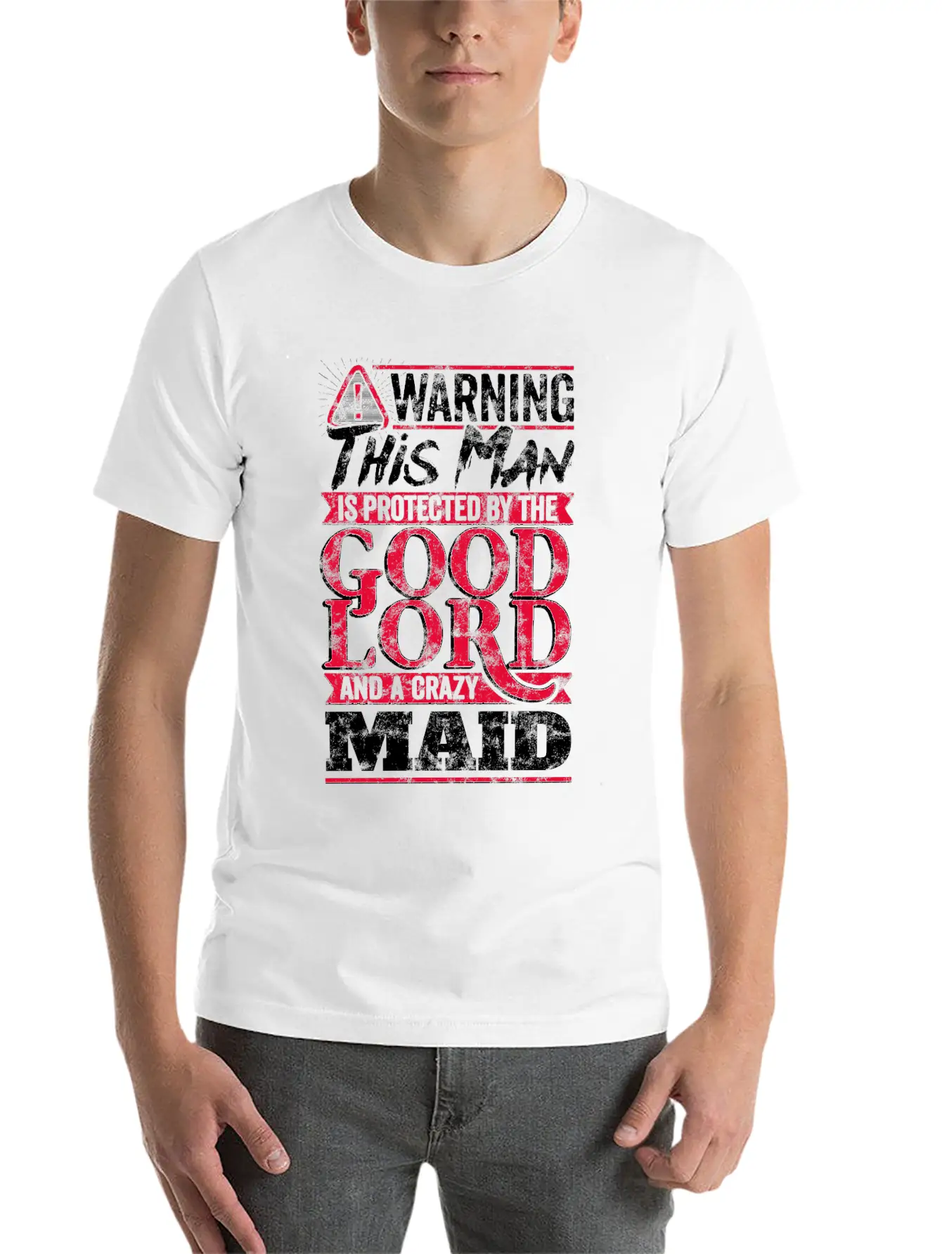 Funny Warning Man Protected By Crazy Maid Casual Graphic T-Shirt – Simple And Comfortable Daily Wear