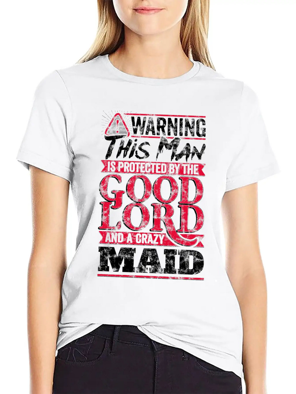 Funny Warning Man Protected By Crazy Maid Casual Graphic T-Shirt – Simple And Comfortable Daily Wear