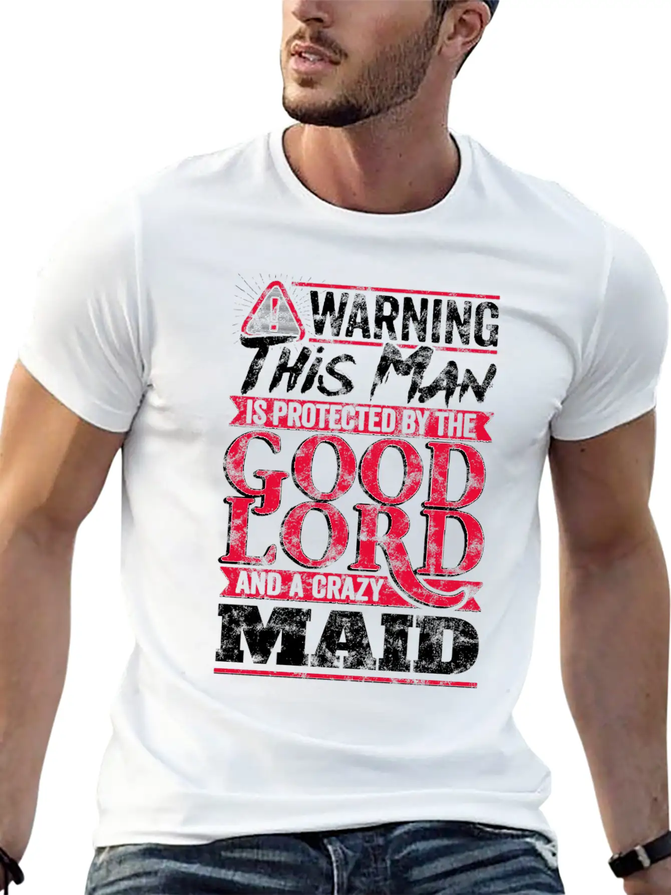 Funny Warning Man Protected By Crazy Maid Casual Graphic T-Shirt – Simple And Comfortable Daily Wear