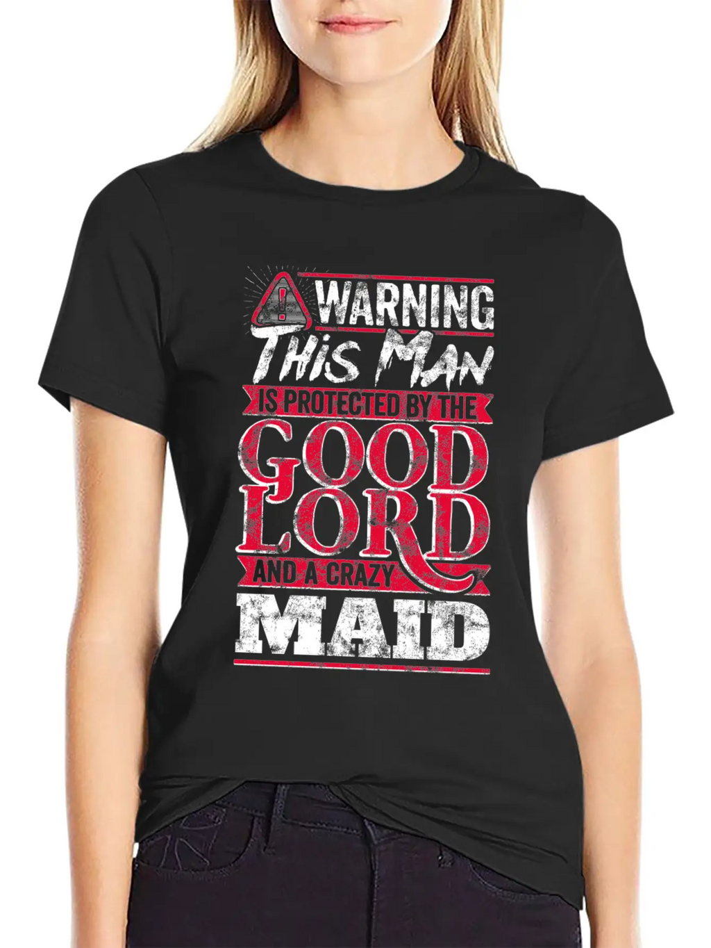 Funny Warning Man Protected By Crazy Maid Casual Graphic T-Shirt – Simple And Comfortable Daily Wear