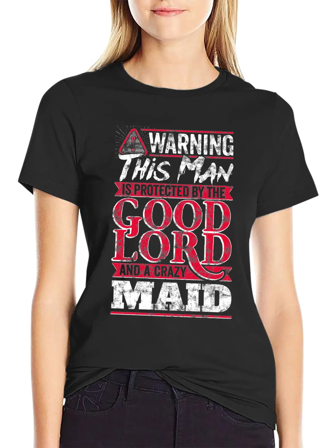 Funny Warning Man Protected By Crazy Maid Casual Graphic T-Shirt – Simple And Comfortable Daily Wear