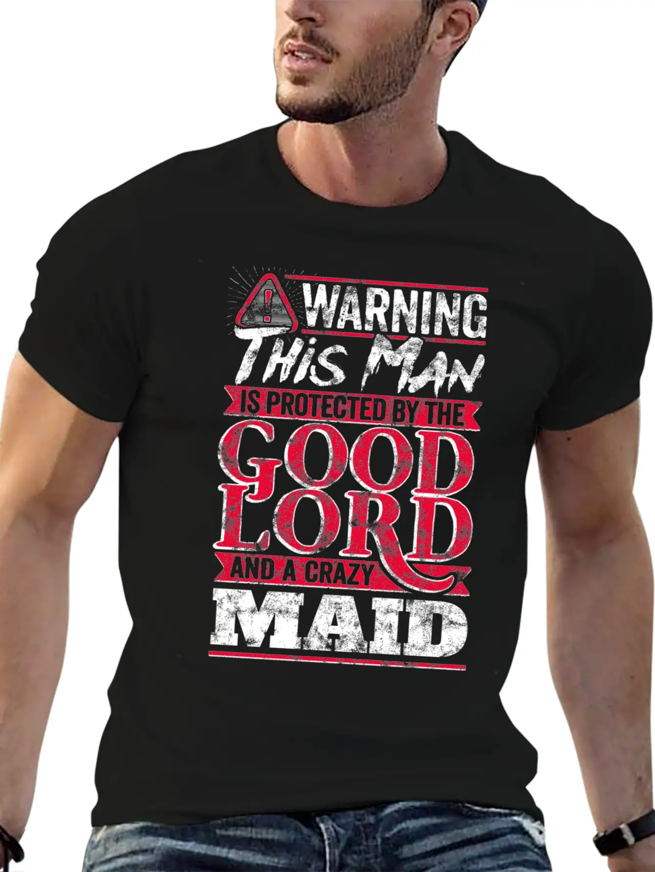 Funny Warning Man Protected By Crazy Maid Casual Graphic T-Shirt – Simple And Comfortable Daily Wear
