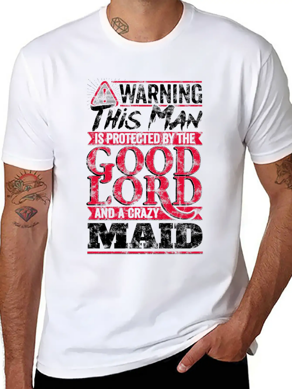 Funny Warning Man Protected By Crazy Maid Casual Graphic T-Shirt – Simple And Comfortable Daily Wear