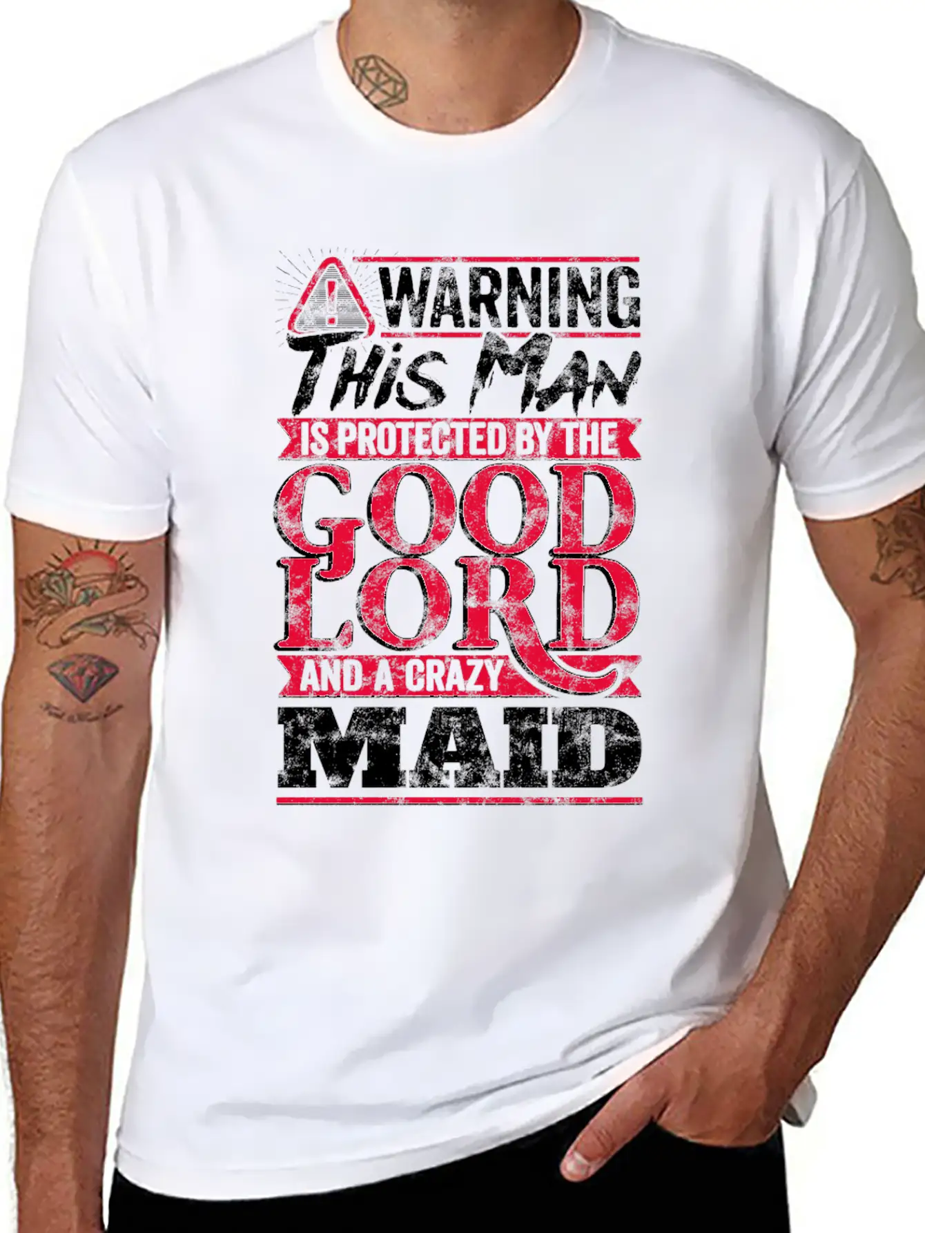 Funny Warning Man Protected By Crazy Maid Casual Graphic T-Shirt – Simple And Comfortable Daily Wear