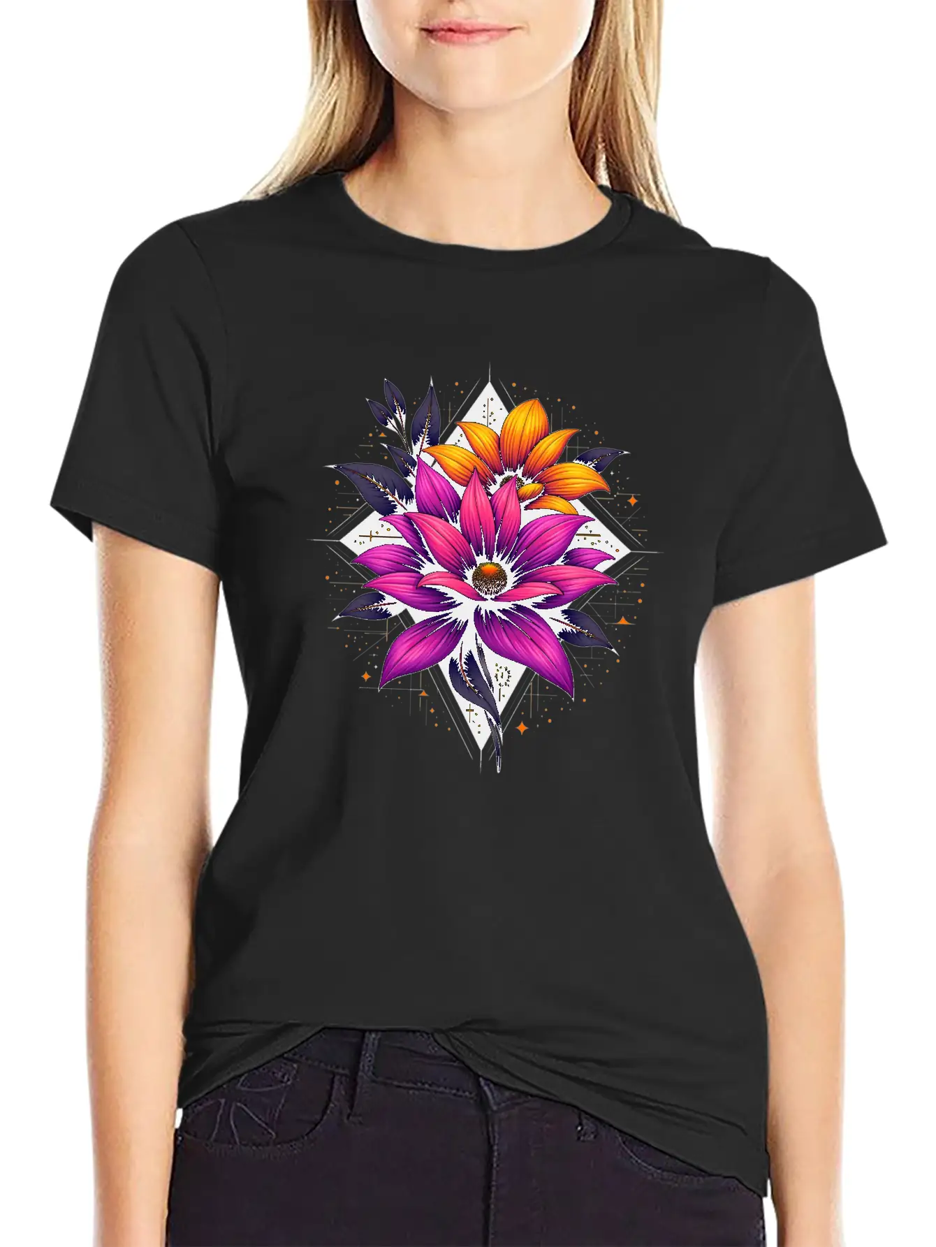 Futuristic Bloom Flower Essential Cotton Tee For Daily Outfits – Unisex Style