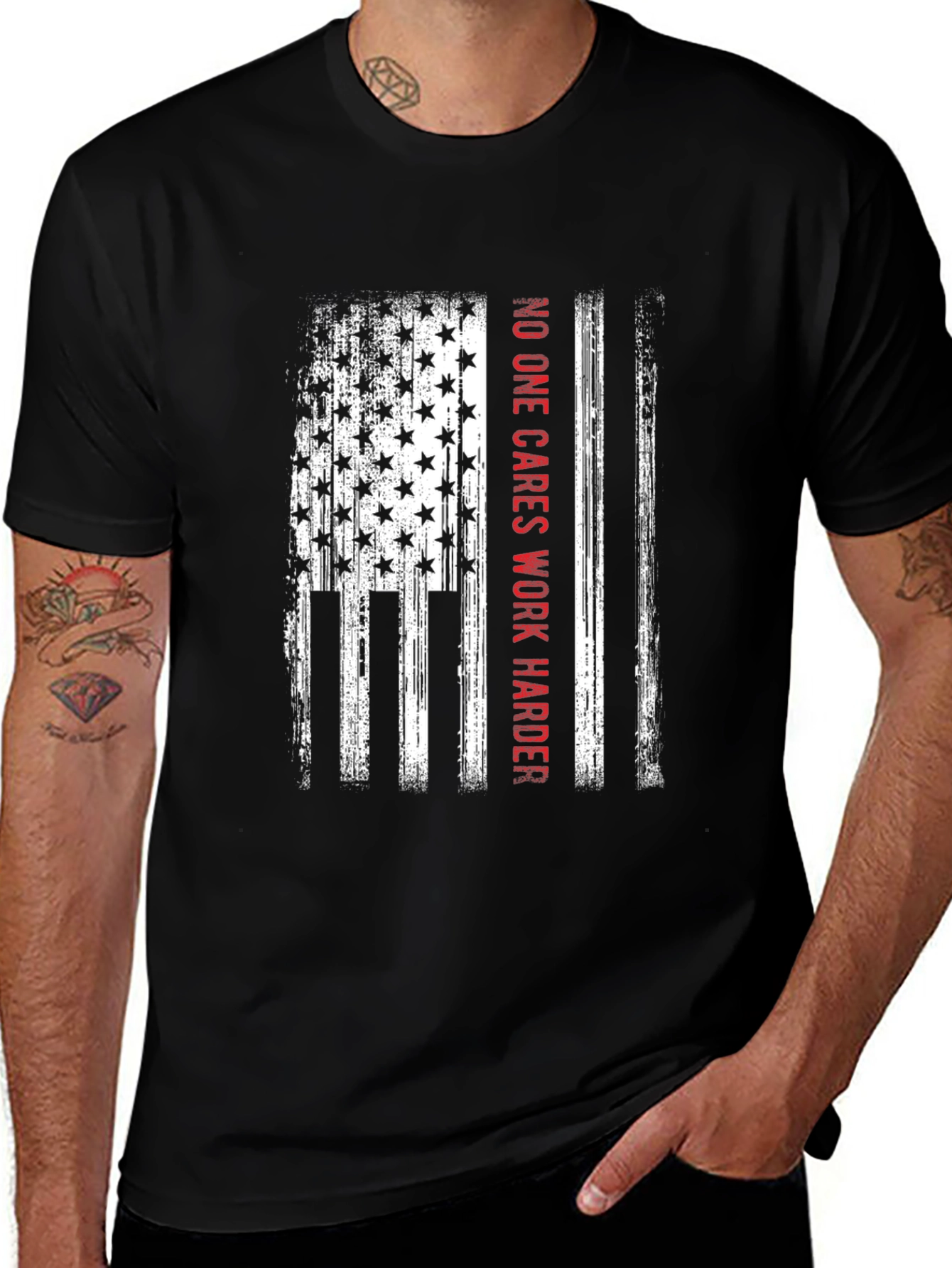 American Flag No One Cares Work Harder Graphic T-Shirt