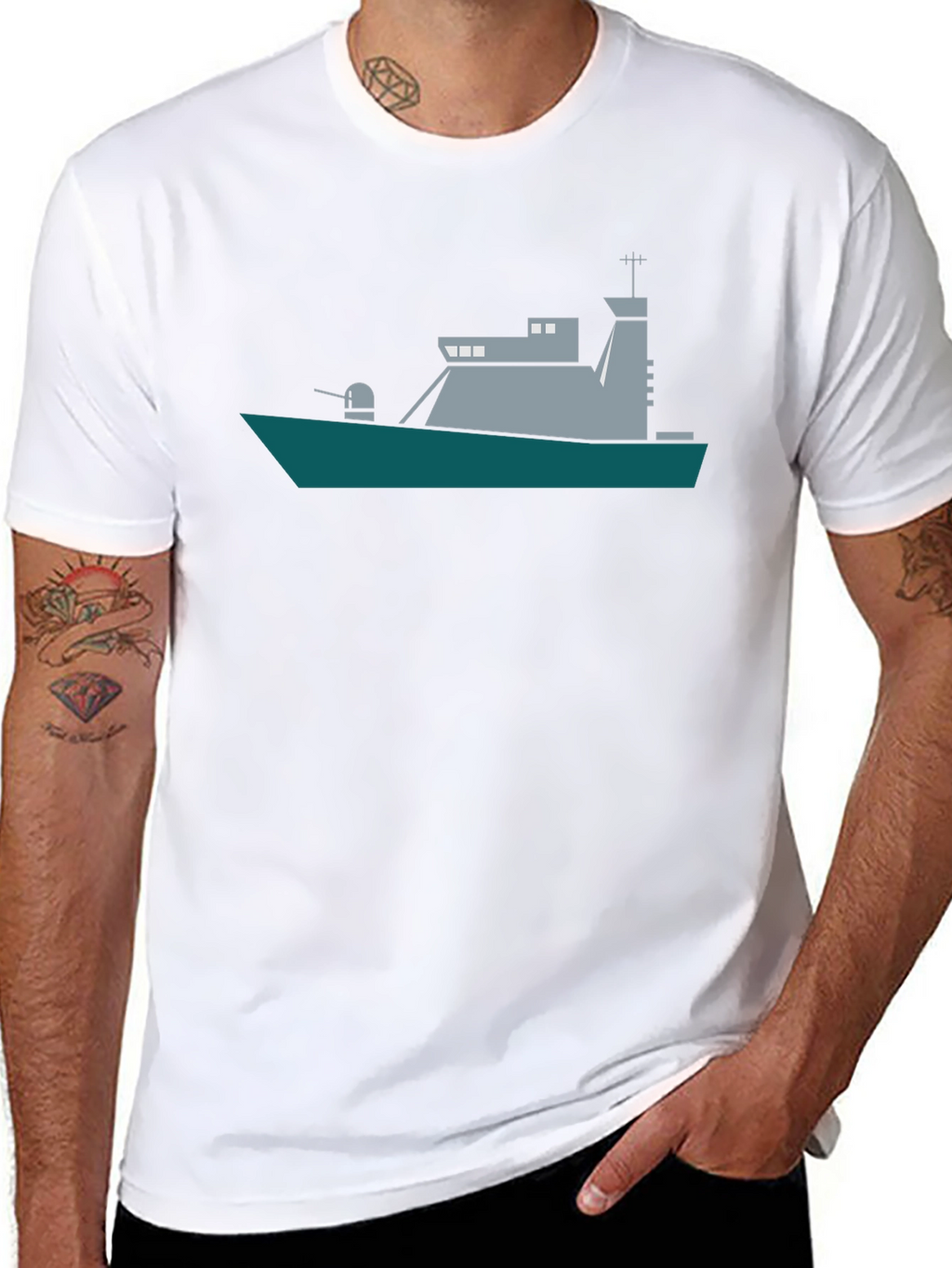 Naval Ship Graphic Tee - Black Crew Neck