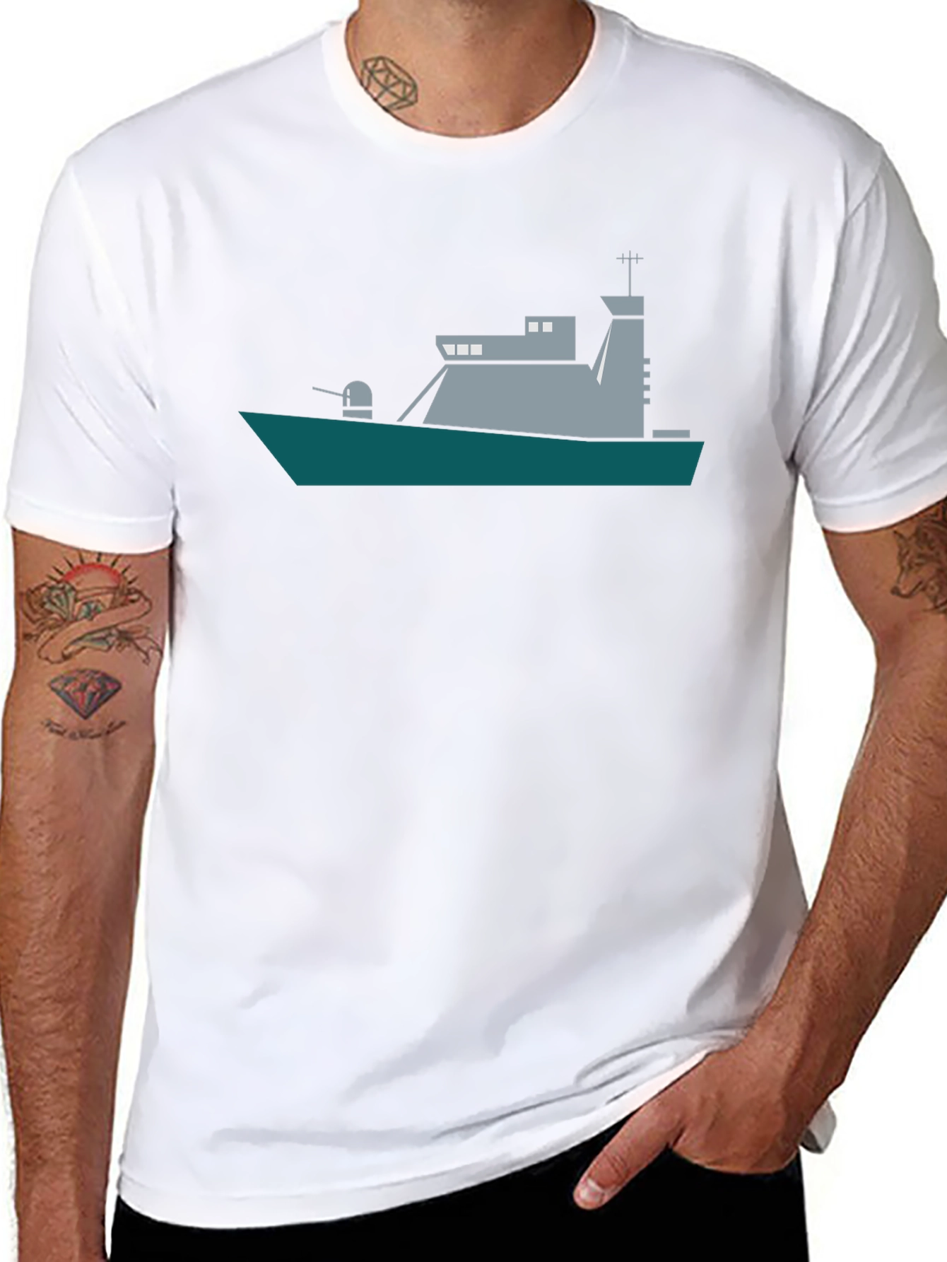 Naval Ship Graphic Tee - Black Crew Neck