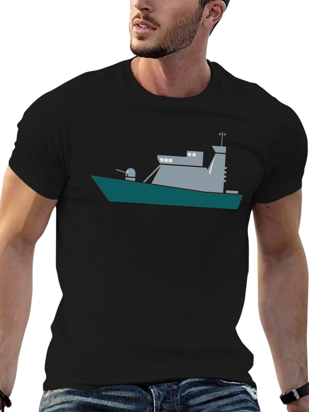 Naval Ship Graphic Tee - Black Crew Neck