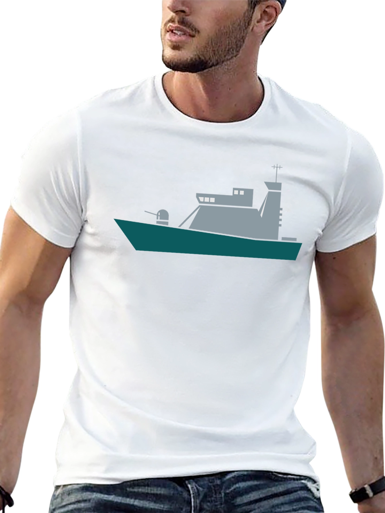 Naval Ship Graphic Tee - Black Crew Neck