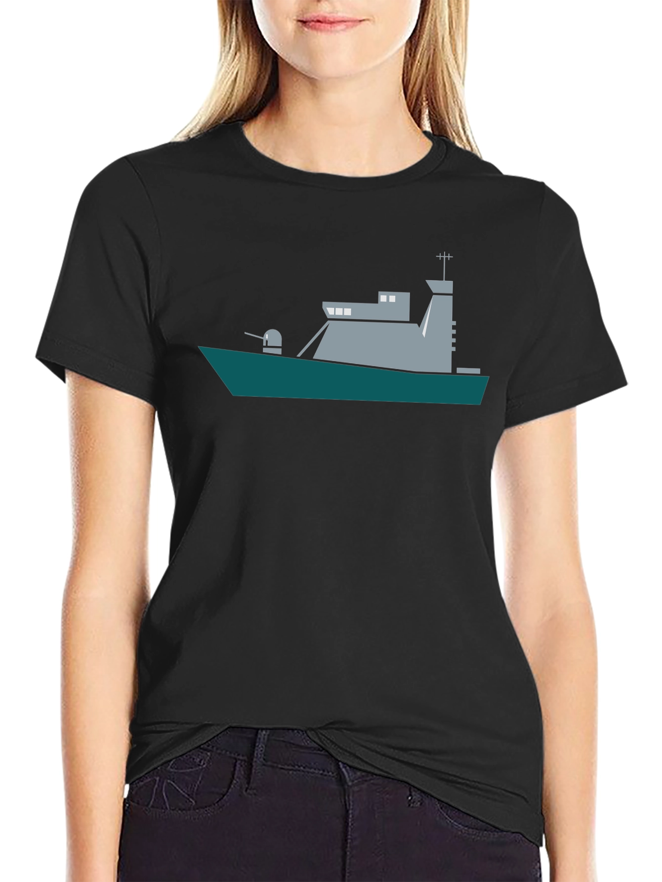 Naval Ship Graphic Tee - Black Crew Neck