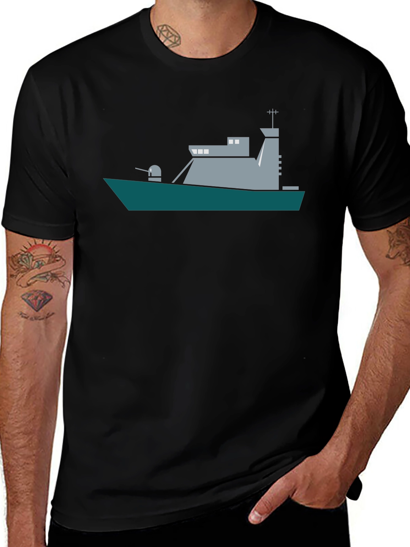 Naval Ship Graphic Tee - Black Crew Neck