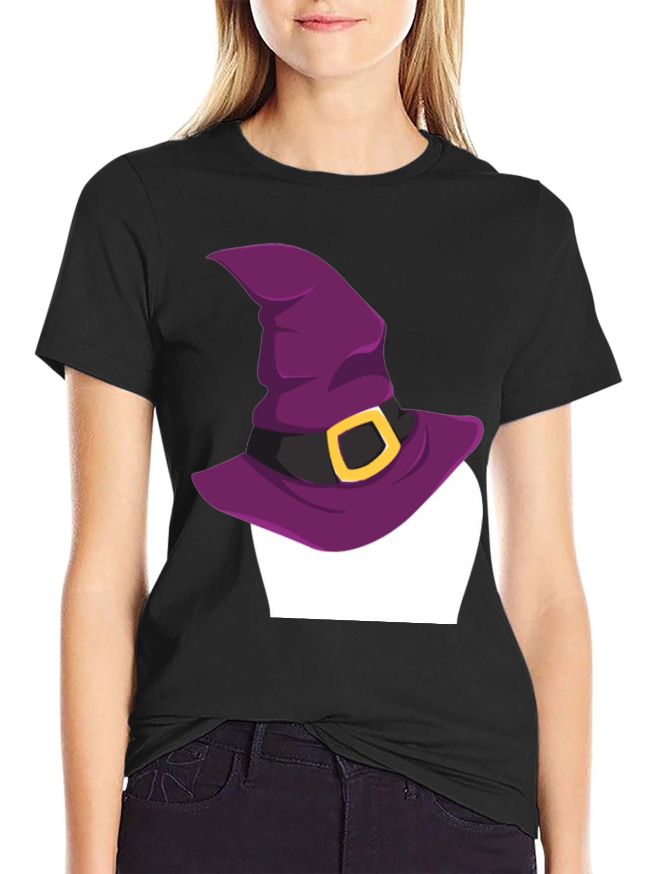 Halloween Witch Hat Graphic Tee - Black Cotton T-Shirt
