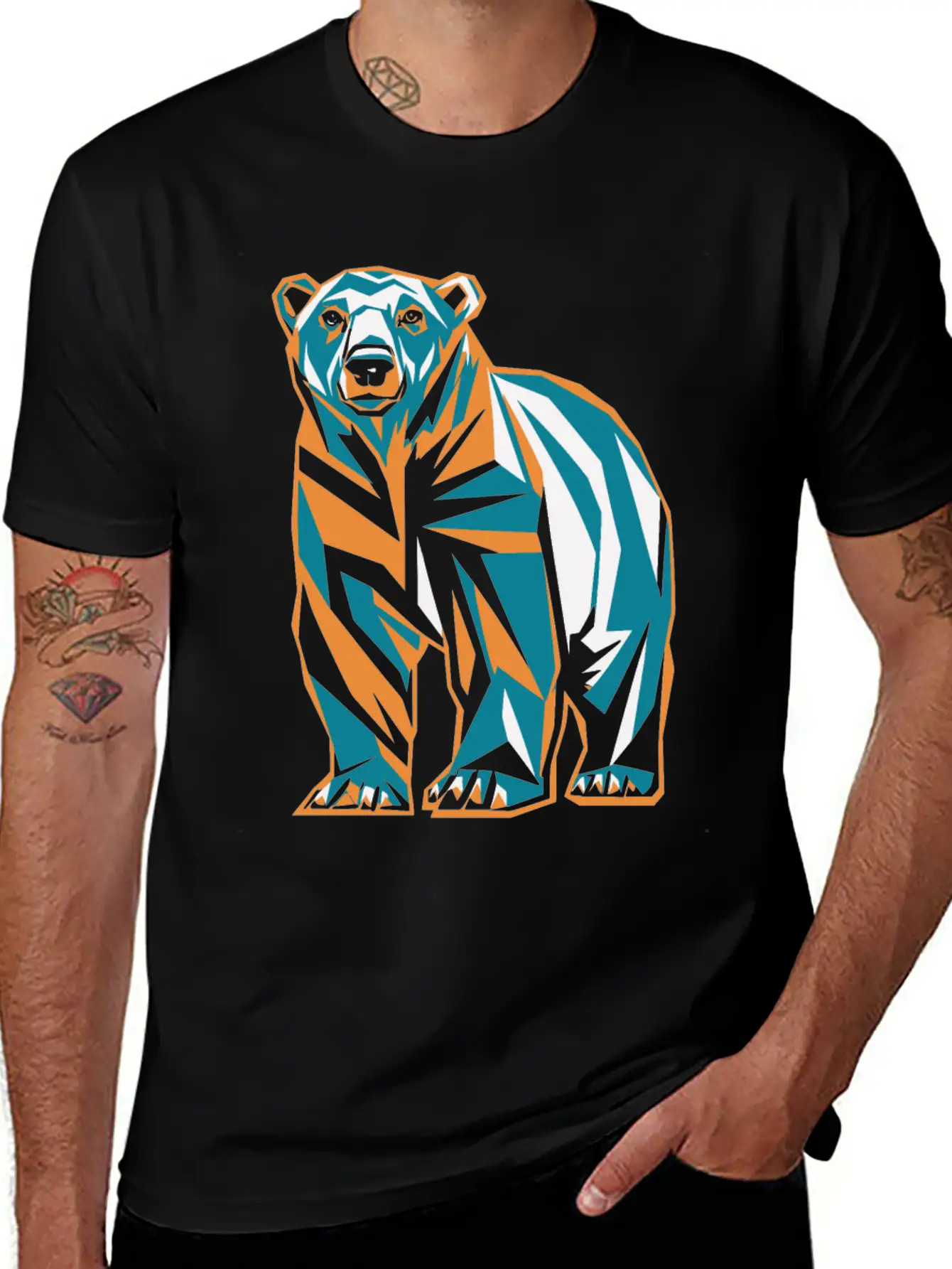 Geometric Bear Illustration In Orange And Blue Breathable Soft Cotton T-Shirt – Timeless Casual Look