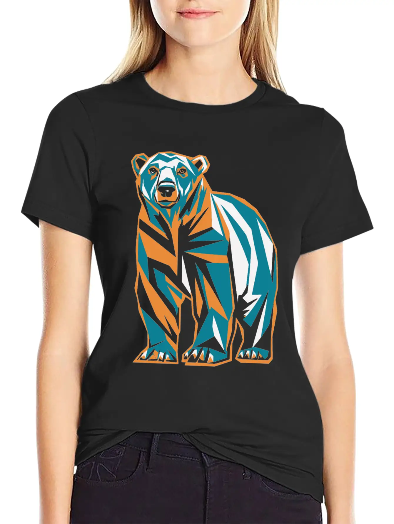 Geometric Bear Illustration In Orange And Blue Breathable Soft Cotton T-Shirt – Timeless Casual Look