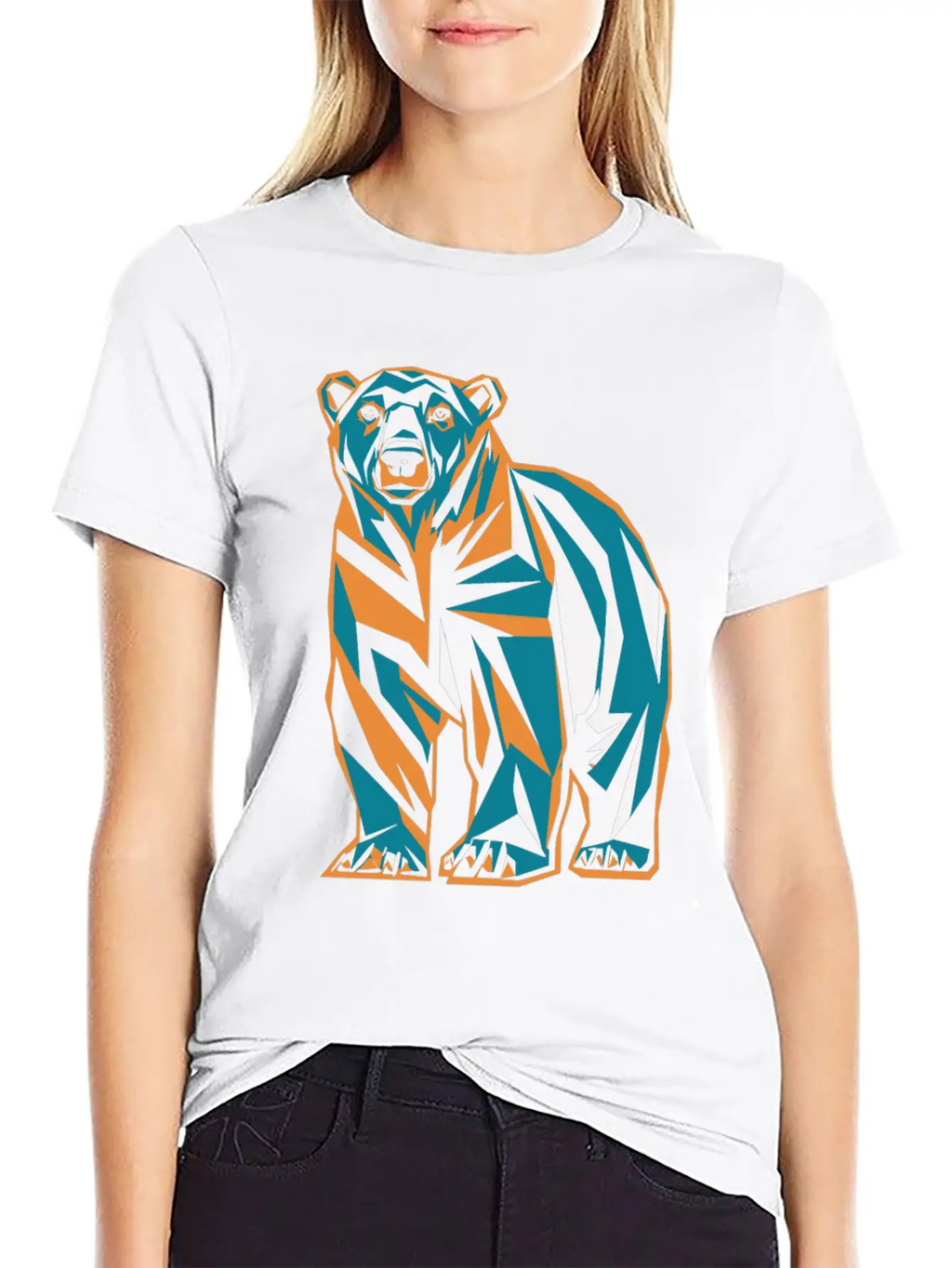 Geometric Bear Illustration In Orange And Blue Breathable Soft Cotton T-Shirt – Timeless Casual Look