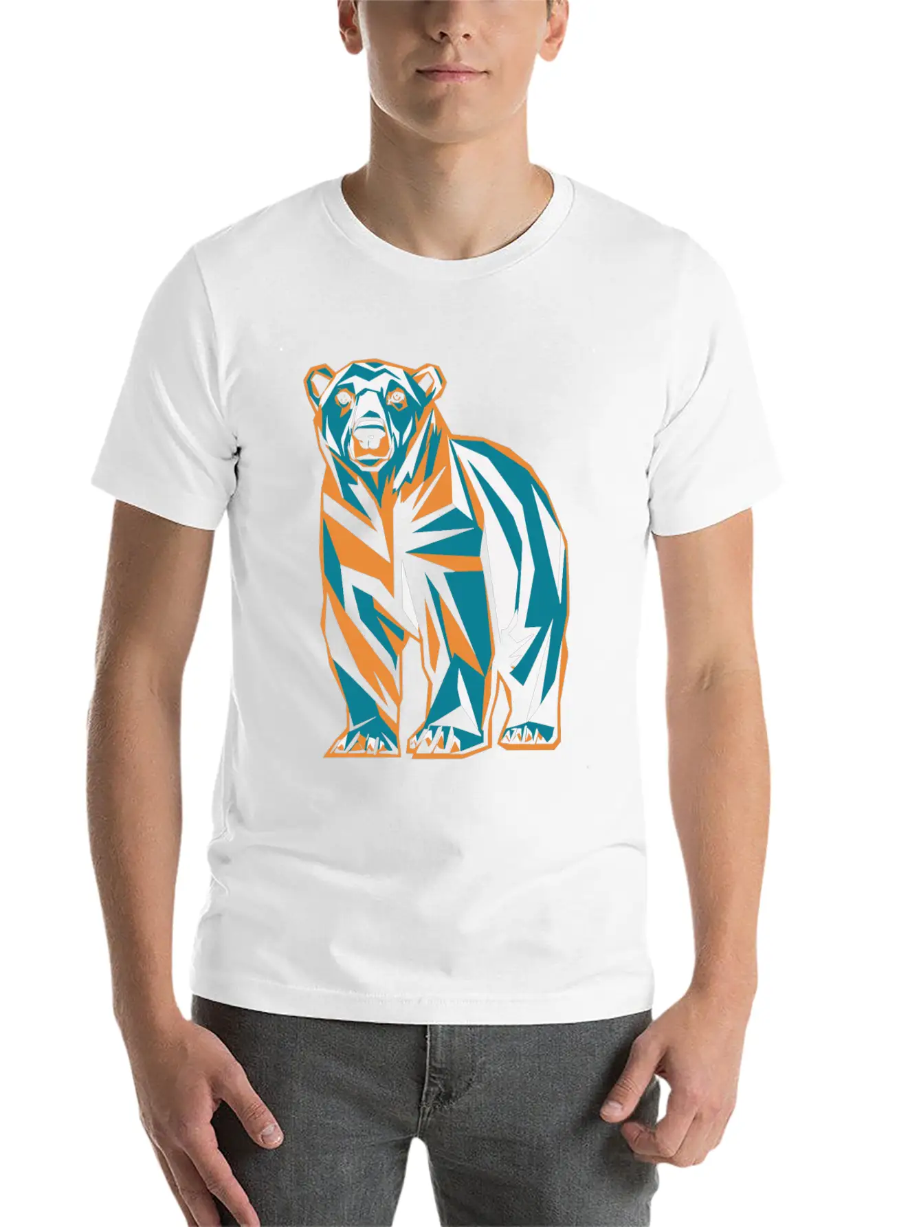 Geometric Bear Illustration In Orange And Blue Breathable Soft Cotton T-Shirt – Timeless Casual Look